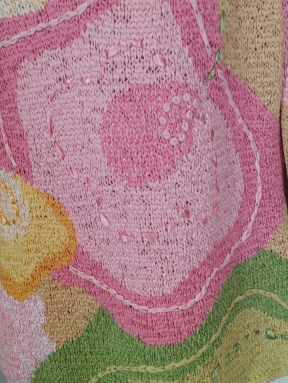Pastel Floral Cottagecore Whimsy Lightweight Sweater Woven Ribbon Pink Yellow - Picture 7 of 11
